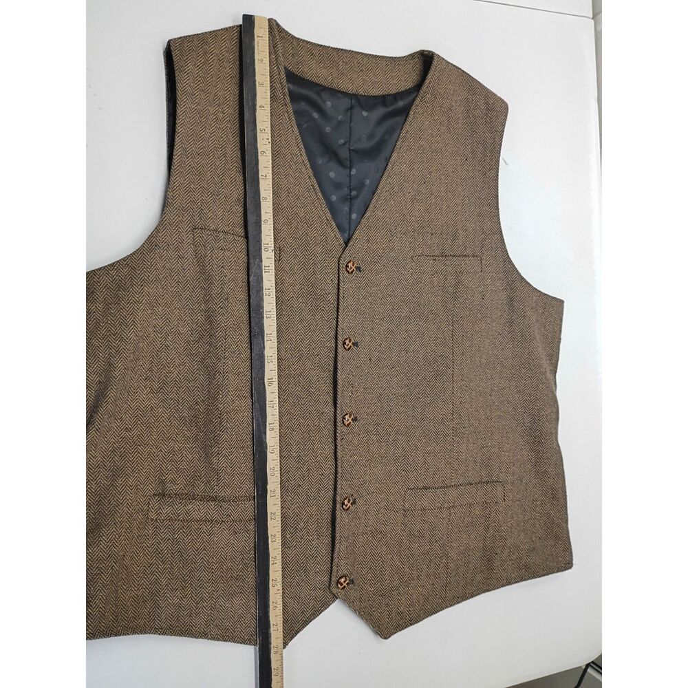 Vintage Men's Herringbone Vest Brown Sz 2XL Button Front V-Neck Fully Lined Wool - Picture 5 of 12